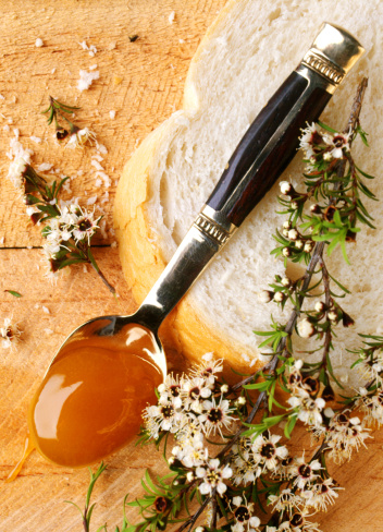 Manuka honey on spoon with bread